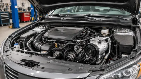 Close-up of a car A/C compressor in a modern engine bay during professional AC compressor replacement and repair.