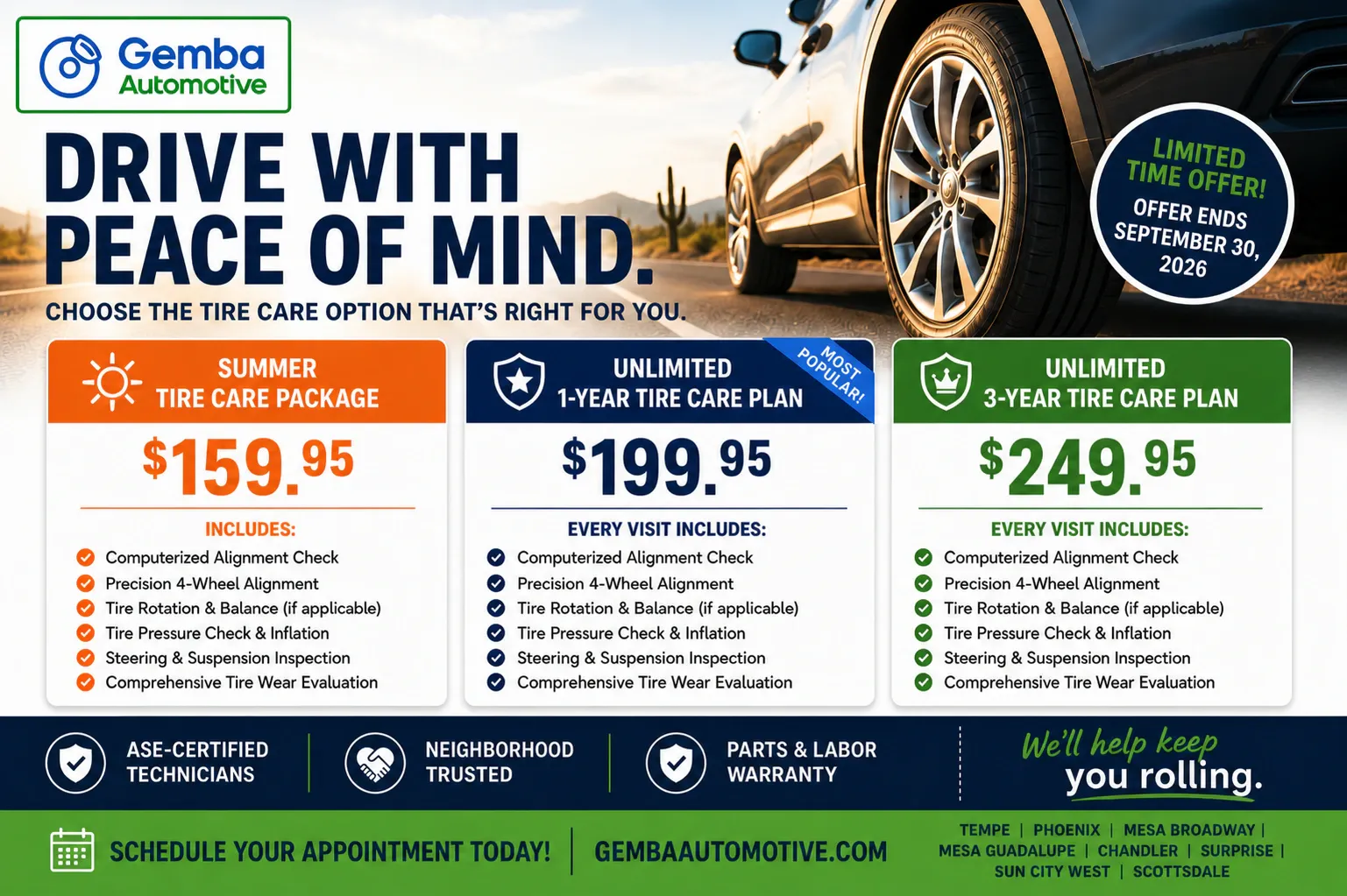 Summer Tire Care Package options from Gemba Automotive, starting at $159.95