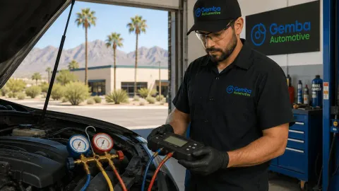 ASE-certified Gemba Automotive technician performing professional car air conditioning diagnostics with manifold gauges and digital AC testing equipment inside an Arizona repair shop.