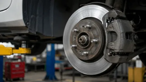 Brake rotor and caliper during brake service at an automotive repair shop.