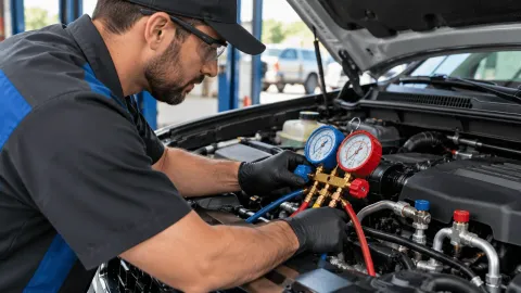 Technician inspecting a car’s air conditioning system with A/C manifold gauges.
