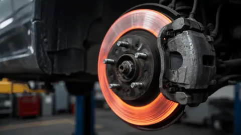 Glowing brake rotor and caliper illustrating a car shaking when braking.