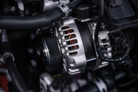 Close-up of a vehicle alternator installed in an engine bay with its drive belt and copper windings visible.