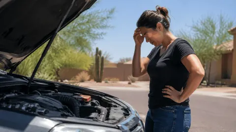 Frustrated driver looking under the hood after her car will not start in Phoenix.