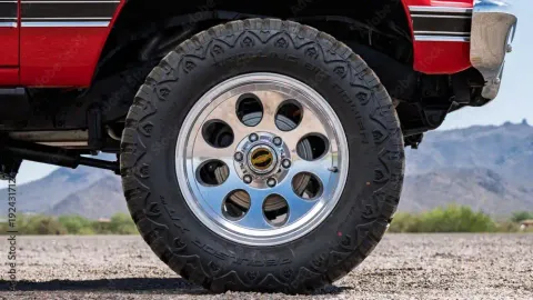 Off-road tire on a truck parked in the Arizona desert.