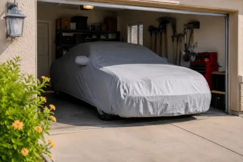 Car sitting covered in a garage after not being driven for an extended period.