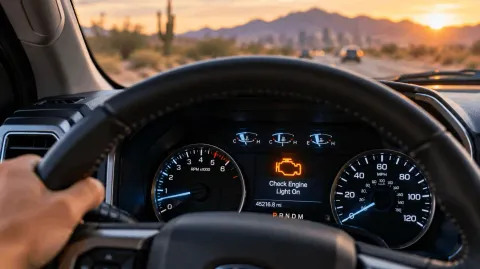 Illuminated check engine warning light on a vehicle dashboard with an Arizona desert road ahead.